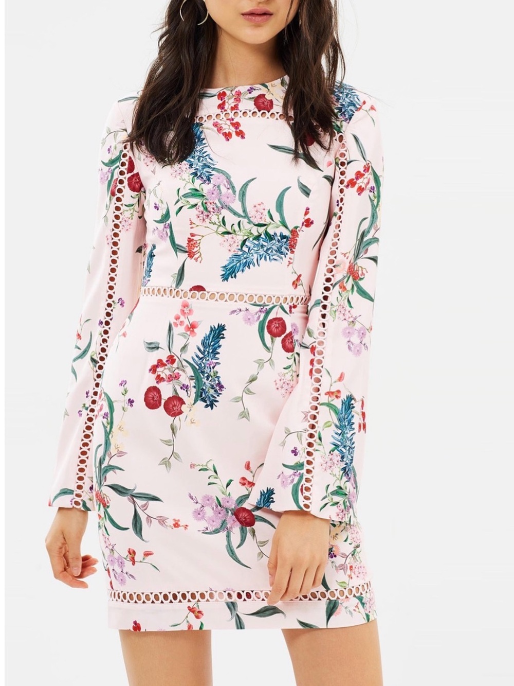 Keepsake The Label Floral Bell Sleeve Shift Mini Dress Pink Romantic Wedding